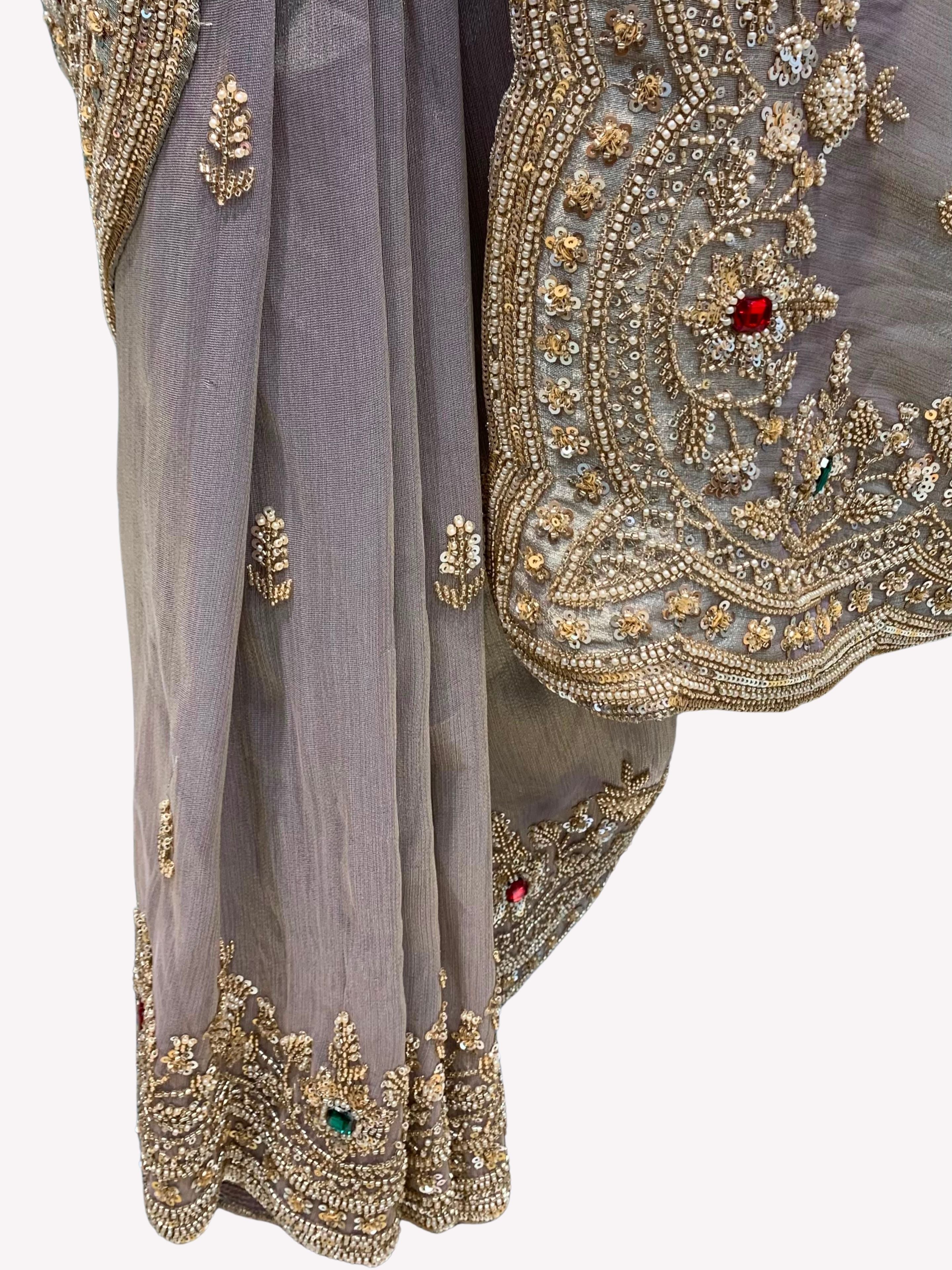 Lavender Tissue Unstitched Saree Embellished With Sequins, Cutdana, Moti & Stone Work